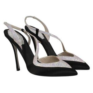 Rene Caovilla Womens Slingback Rhinestone Pumps Size US 7 EU 37 Black Silver